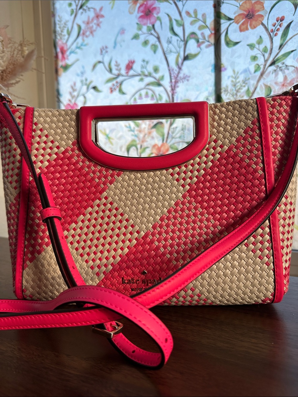 Kate Spade Pink Woven Straw Geometric Satchel Crossbody Bag